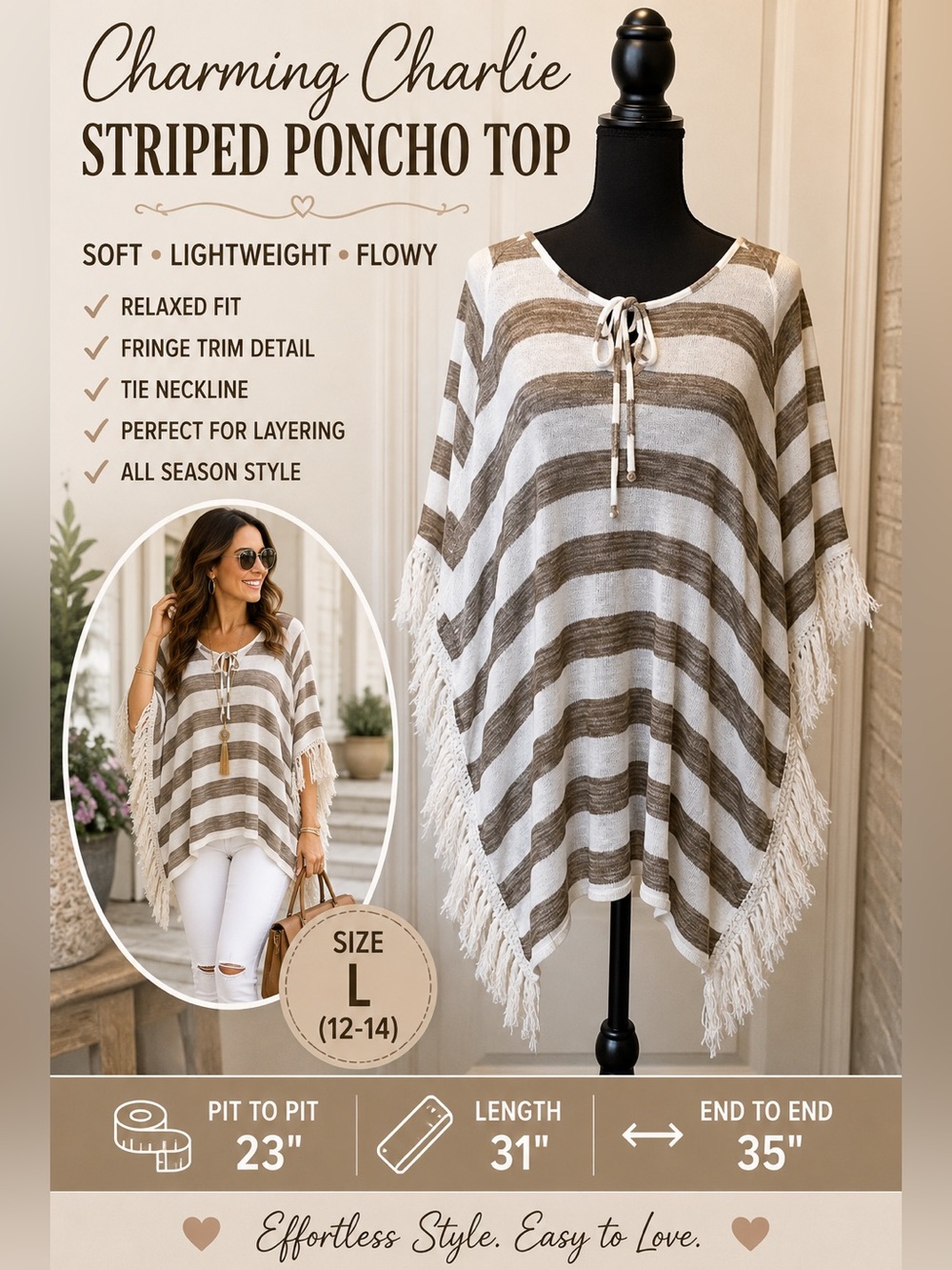 Charming Charlie Striped Fringe Poncho Top Taupe Cream Boho L